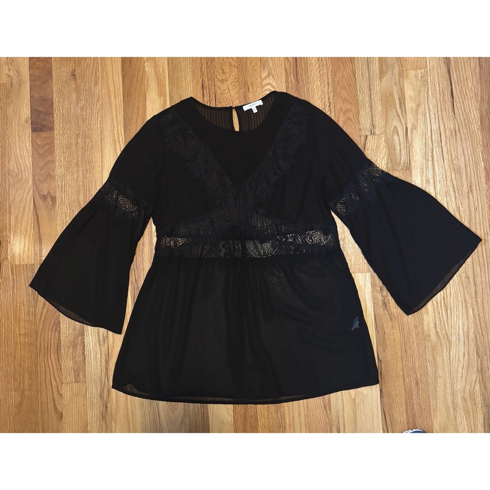 Woman Black Delicate Sheer Blouse Flared Sleeve Lacey Whimsigoth Witchy Vampire - Picture 3 of 8
